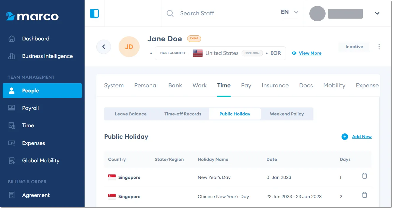 Marco Platform's People page Time tab Public Holiday toggle.