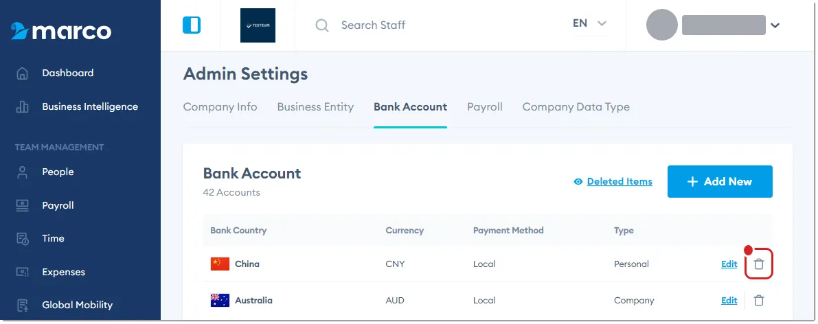Marco Platform's Admin Settings page Bank Account tab, with Delete highlighted.