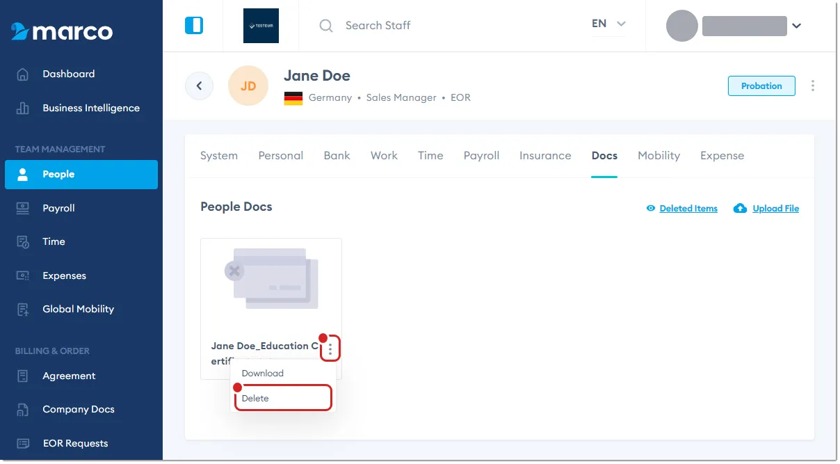 Marco Platform's People page Docs tab, with Delete highlighted. Marco Platform's People page Docs tab, with Delete highlighted.