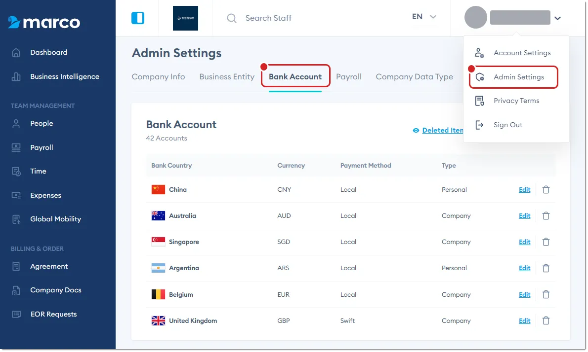 Marco Platform's Admin Settings page Bank Account tab.
