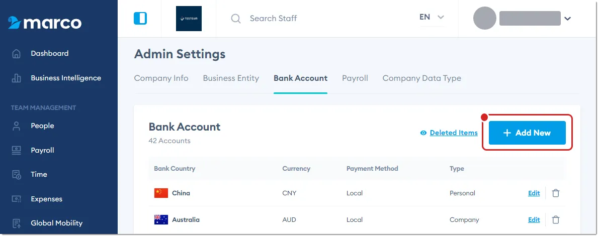 Marco Platform's Admin Settings page Bank Account tab, with Add New highlighted.