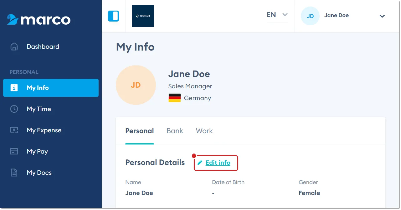 Marco Platform's My Info page Personal tab, with Edit Info highlighted. Marco Platform's My Info page Personal tab, with Edit Info highlighted.