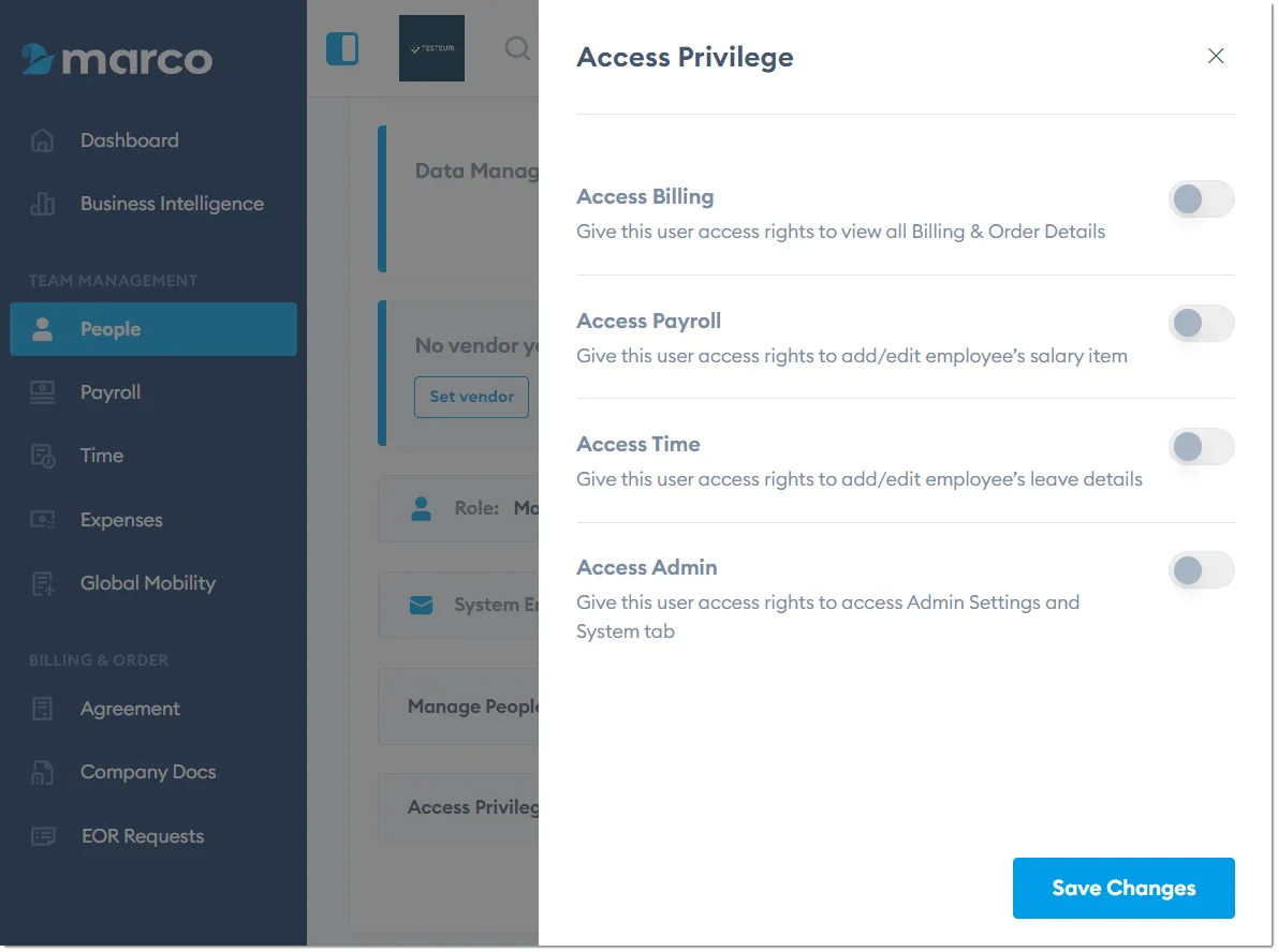 Marco Platform's Access Privilege screen, showing a list of toggles for various manager accesses. Marco Platform's Access Privilege screen, showing a list of toggles for various manager accesses.