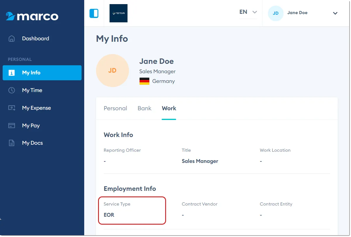 Marco Platform's My Info page Work tab, with the Service Type highlighted.