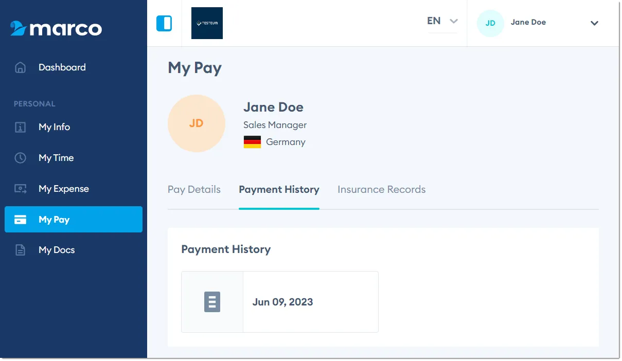 Marco Platform's My Pay page Payment History tab.
