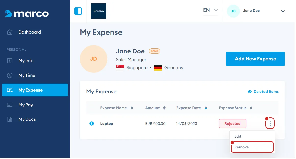 Marco Platform's My Expense page, with Delete highlighted.