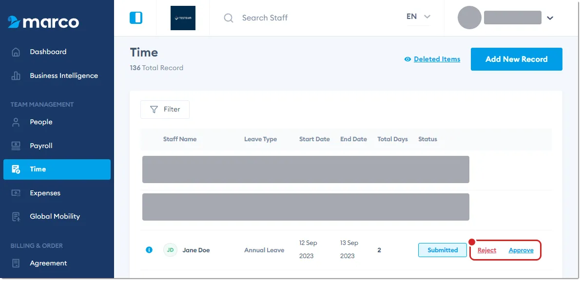 Marco Platform's Time page, with Reject and Approve highlighted. Marco Platform's Time page, with Reject and Approve highlighted.
