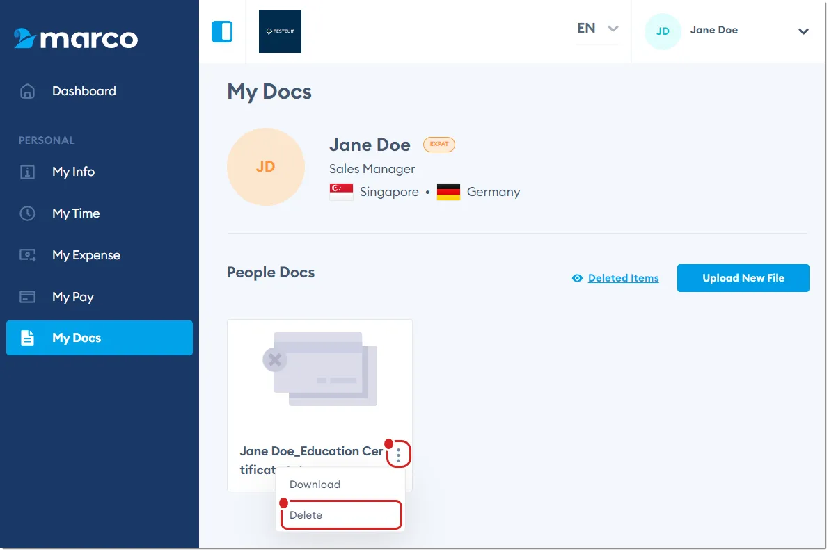 Marco Platform's My Docs page, with Delete highlighted.