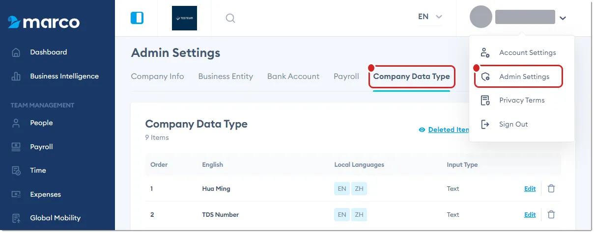 Marco Platform's Admin Settings page Company Data Type tab. Marco Platform's Admin Settings page Company Data Type tab.