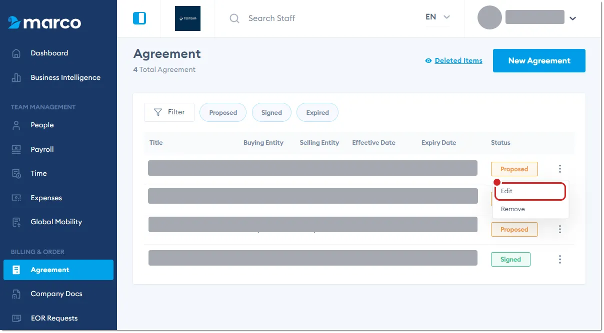Marco Platform's Agreement page, with Edit highlighted.