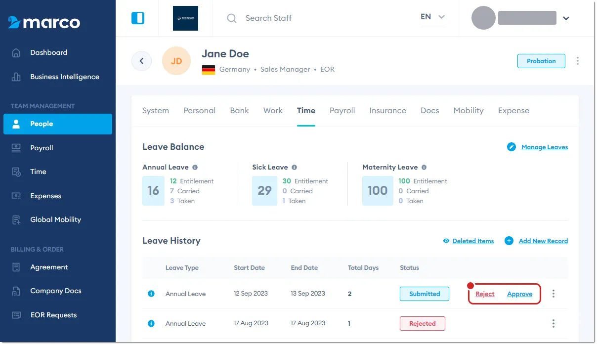 Marco Platform's People page Time tab, with Reject and Approve highlighted. Marco Platform's People page Time tab, with Reject and Approve highlighted.