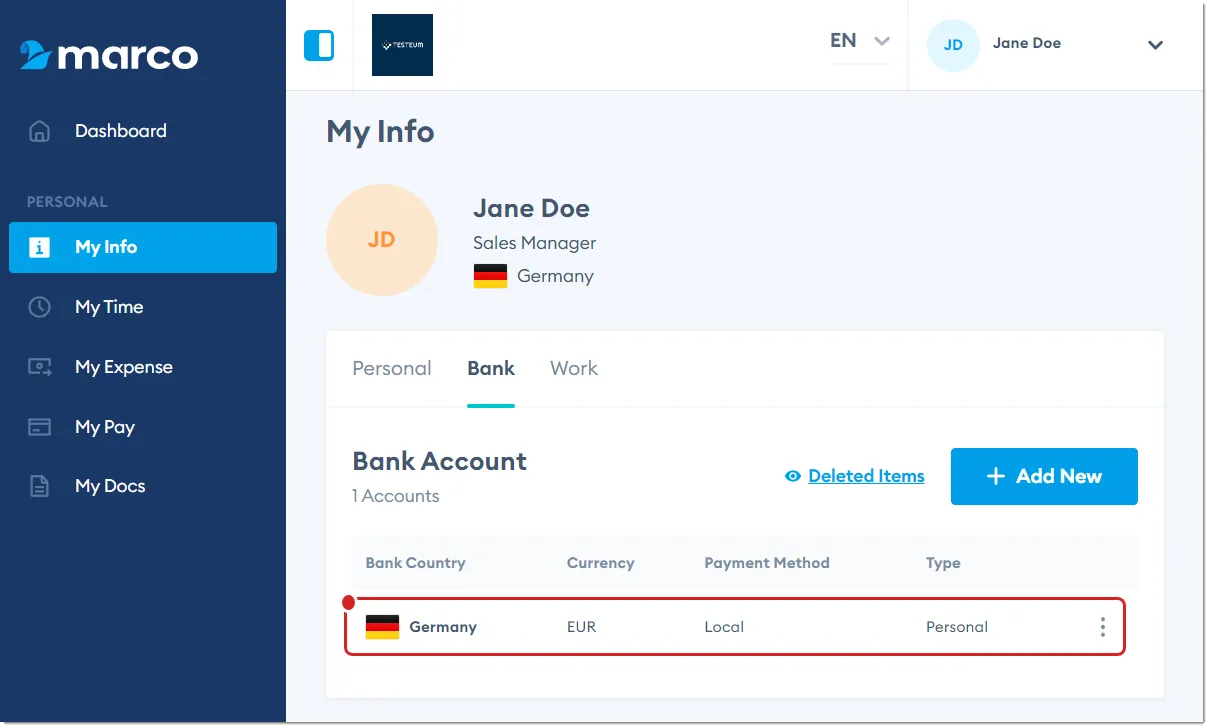 Marco Platform's My Info page Bank tab.