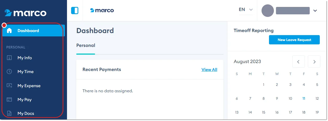 Marco Platform interface, with the left navigation sidebar highlighted. Marco Platform interface, with the left navigation sidebar highlighted.