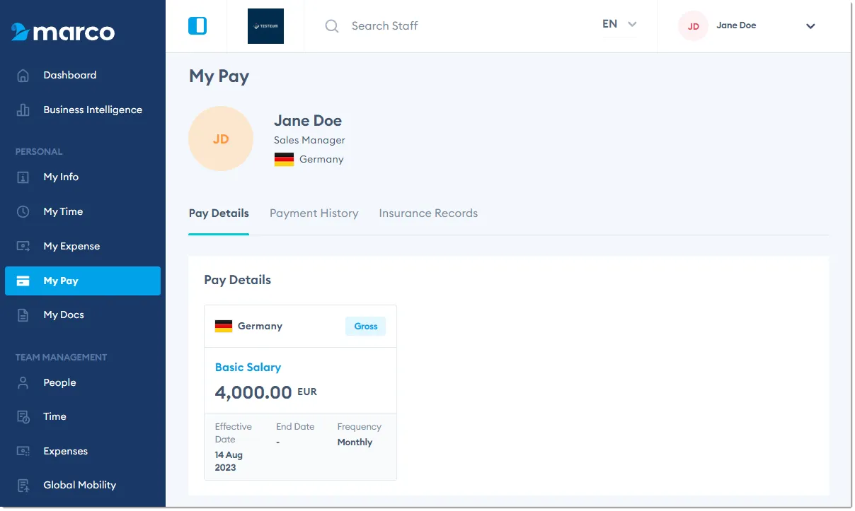 Marco Platform's My Pay page Pay Details tab.