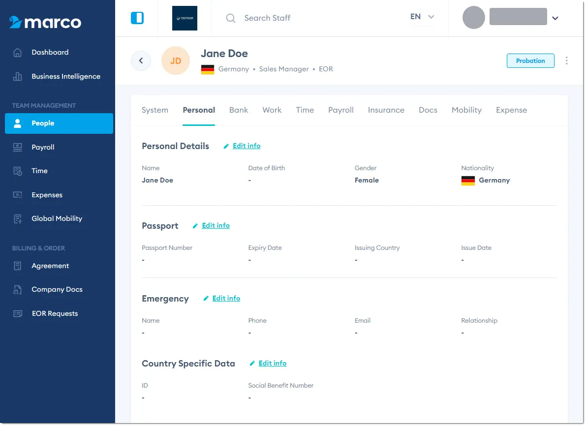 Marco Platform's People page Personal tab.