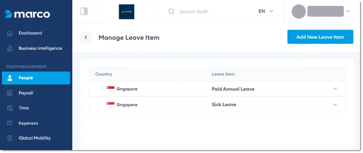 Marco Platform's People page Time tab, with the Manage Leave Item screen open, showing a list of the staff's leave items.