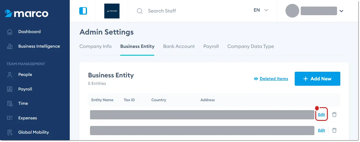 Marco Platform's Admin Settings page Business Entity tab, with Edit highlighted. Marco Platform's Admin Settings page Business Entity tab, with Edit highlighted.