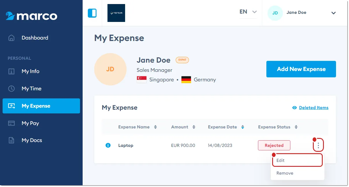 Marco Platform's My Expense page, with Edit highlighted.