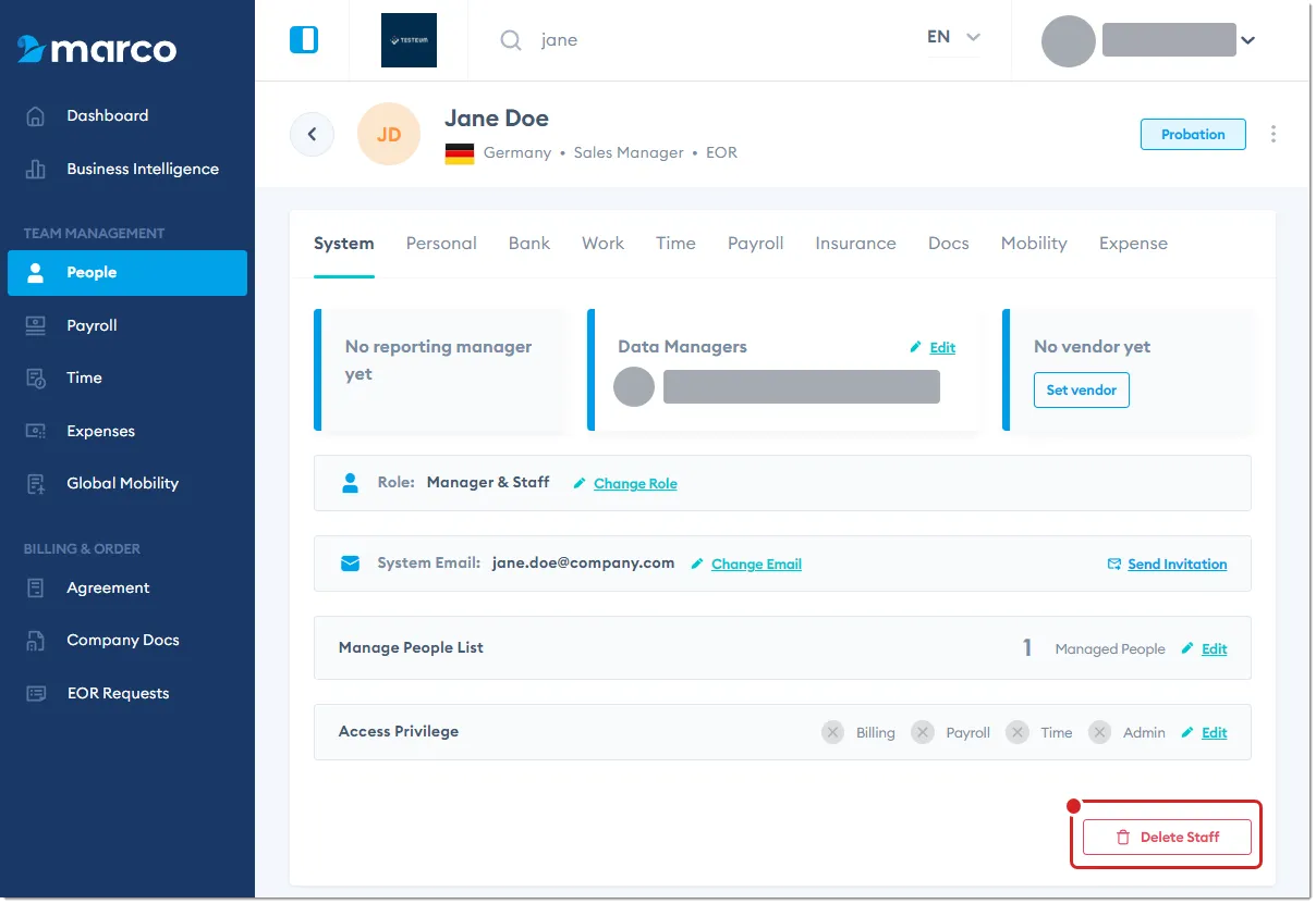 Marco Platform's People page System tab, with Delete Staff highlighted. Marco Platform's People page System tab, with Delete Staff highlighted.