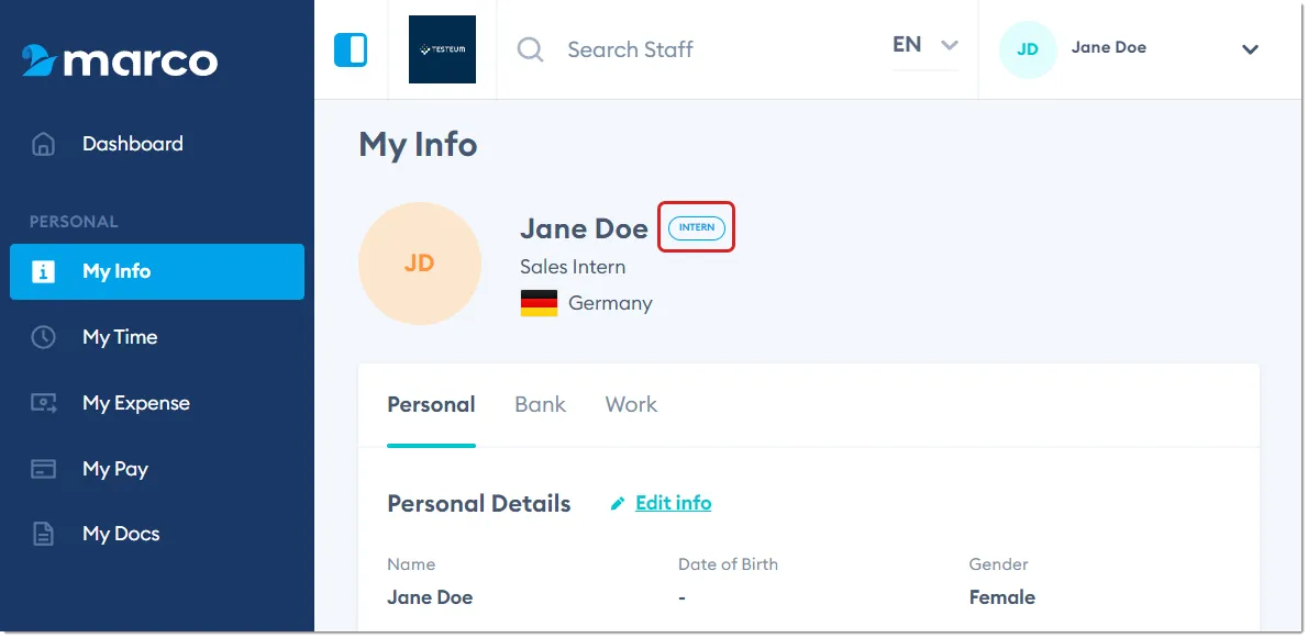 Marco Platform's My Info page, with the Intern tag highlighted.