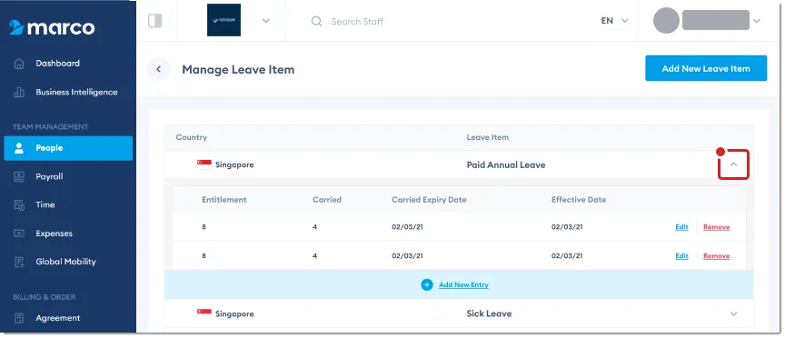Marco Platform's Manage Leave Item screen, with Expand highlighted.