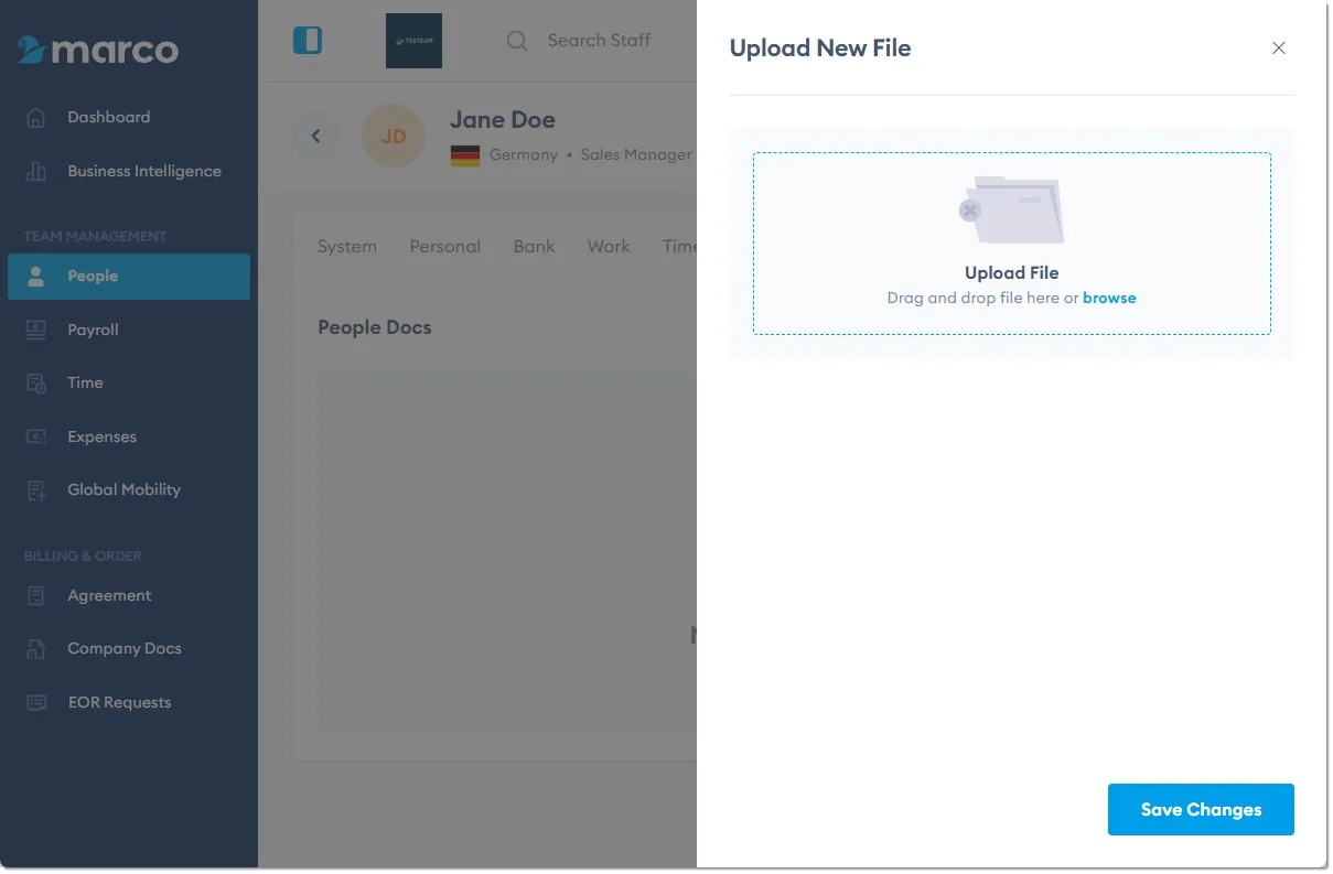 Marco Platform's People page Docs tab, with the Upload New File screen open. Marco Platform's People page Docs tab, with the Upload New File screen open.