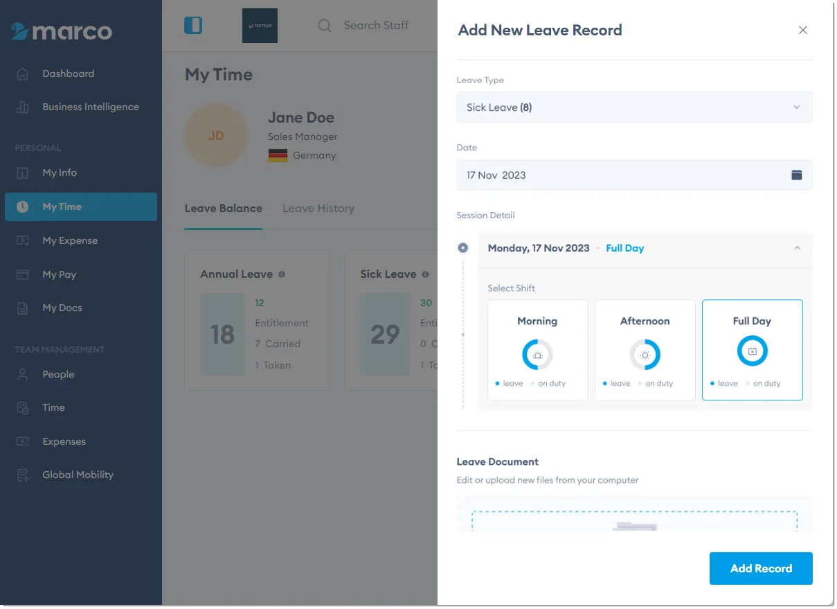 Marco Platform's My Time page Leave Balance tab, with the Add New Leave Request screen open. Marco Platform's My Time page Leave Balance tab, with the Add New Leave Request screen open.