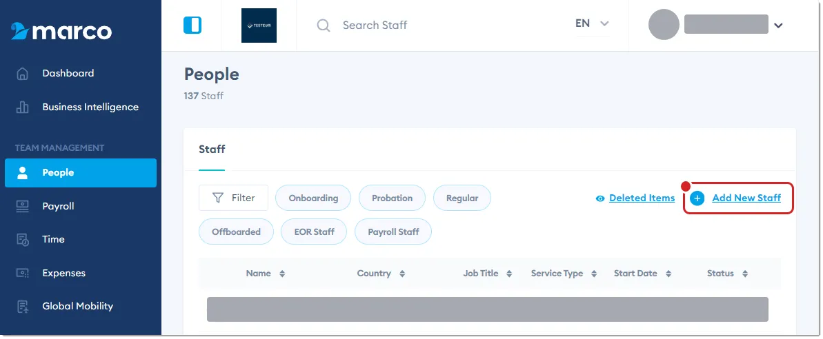 Marco Platform's People page, with Add New Staff highlighted.