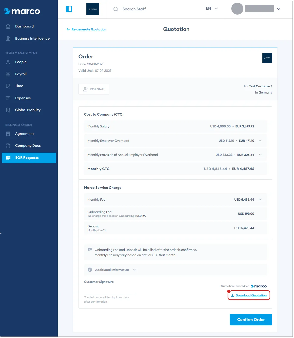 Marco Platform's EOR Request page, with a quotation generated.