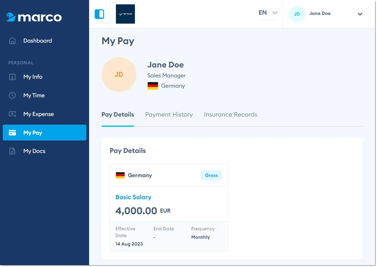 Marco Platform's My Pay page Pay Details tab.