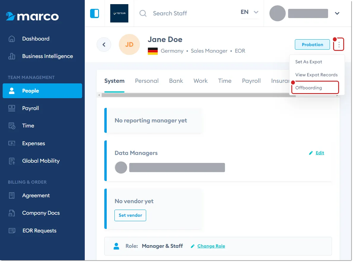 Marco Platform's People page System tab, with Offboarding highlighted. Marco Platform's People page System tab, with Offboarding highlighted.