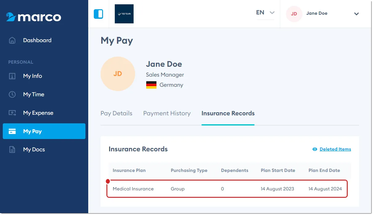Marco Platform's My Pay page Insurance Records tab.