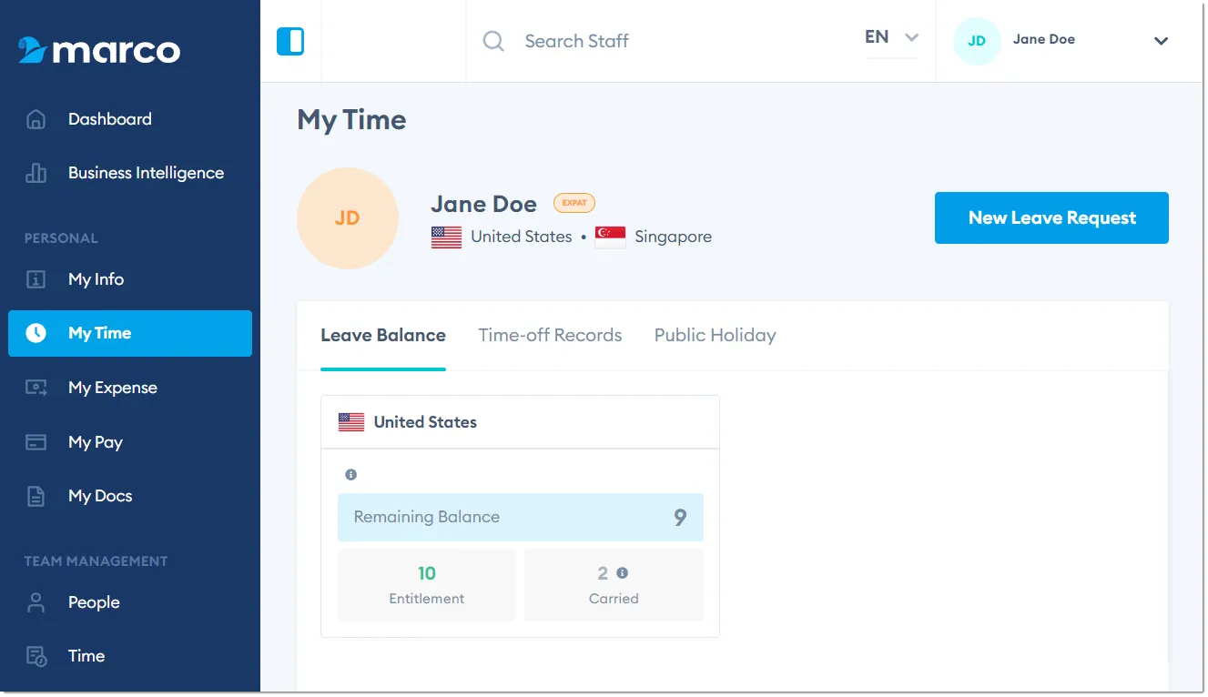 Marco Platform's My Time page Leave Balance tab.