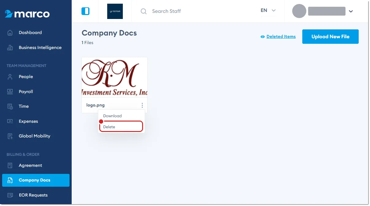Marco Platform's Company Docs page, with Delete highlighted. Marco Platform's Company Docs page, with Delete highlighted.
