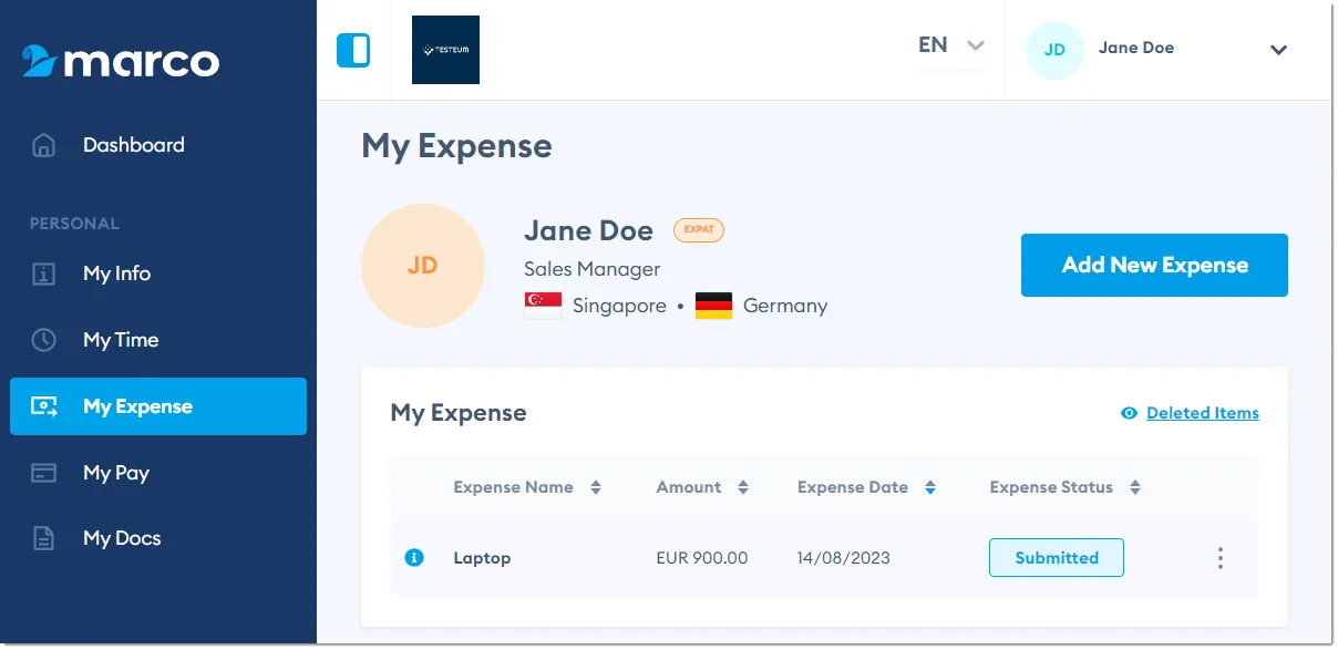 Marco Platform's My Expense page, showing a list of expenses.