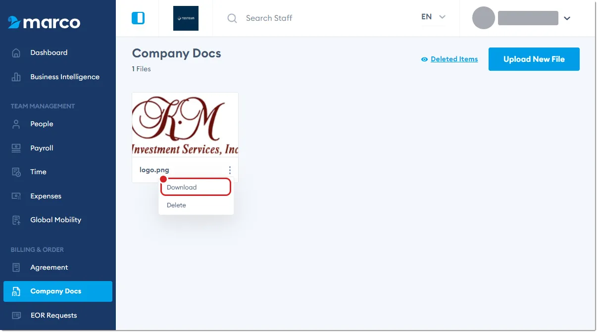 Marco Platform's Company Docs page, with Download highlighted. Marco Platform's Company Docs page, with Download highlighted.