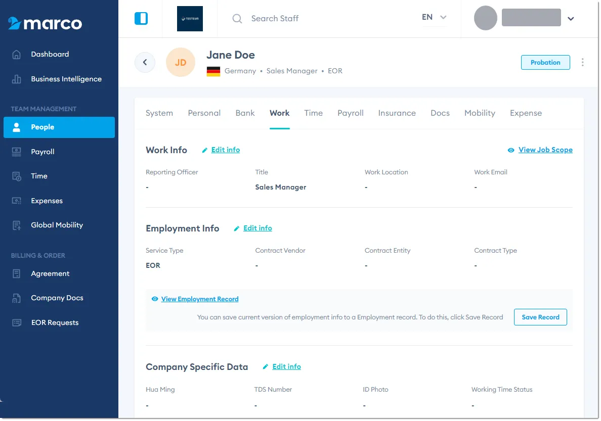 Marco Platform's People page Work tab.