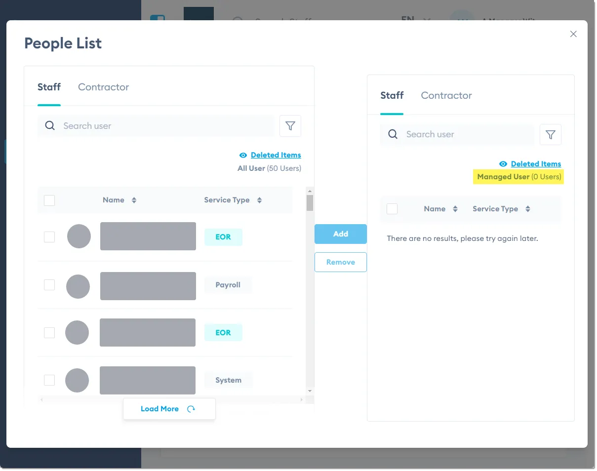 Marco Platform's People List screen, showing a list of unassigned staff on the left and assigned staff on the right.