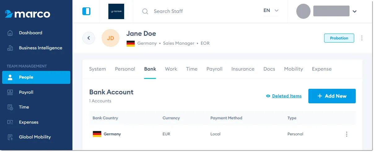 Marco Platform's People page Bank tab.