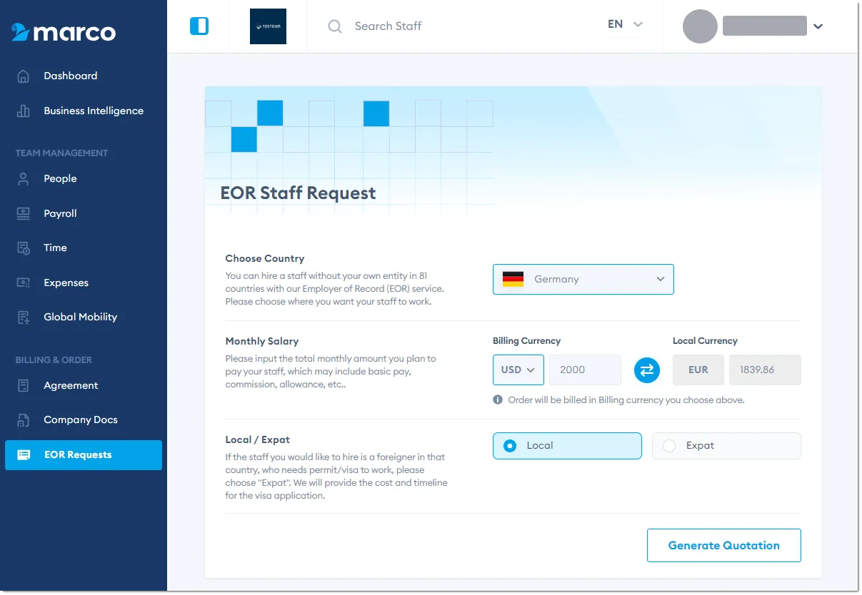 Marco Platform's EOR Request page.