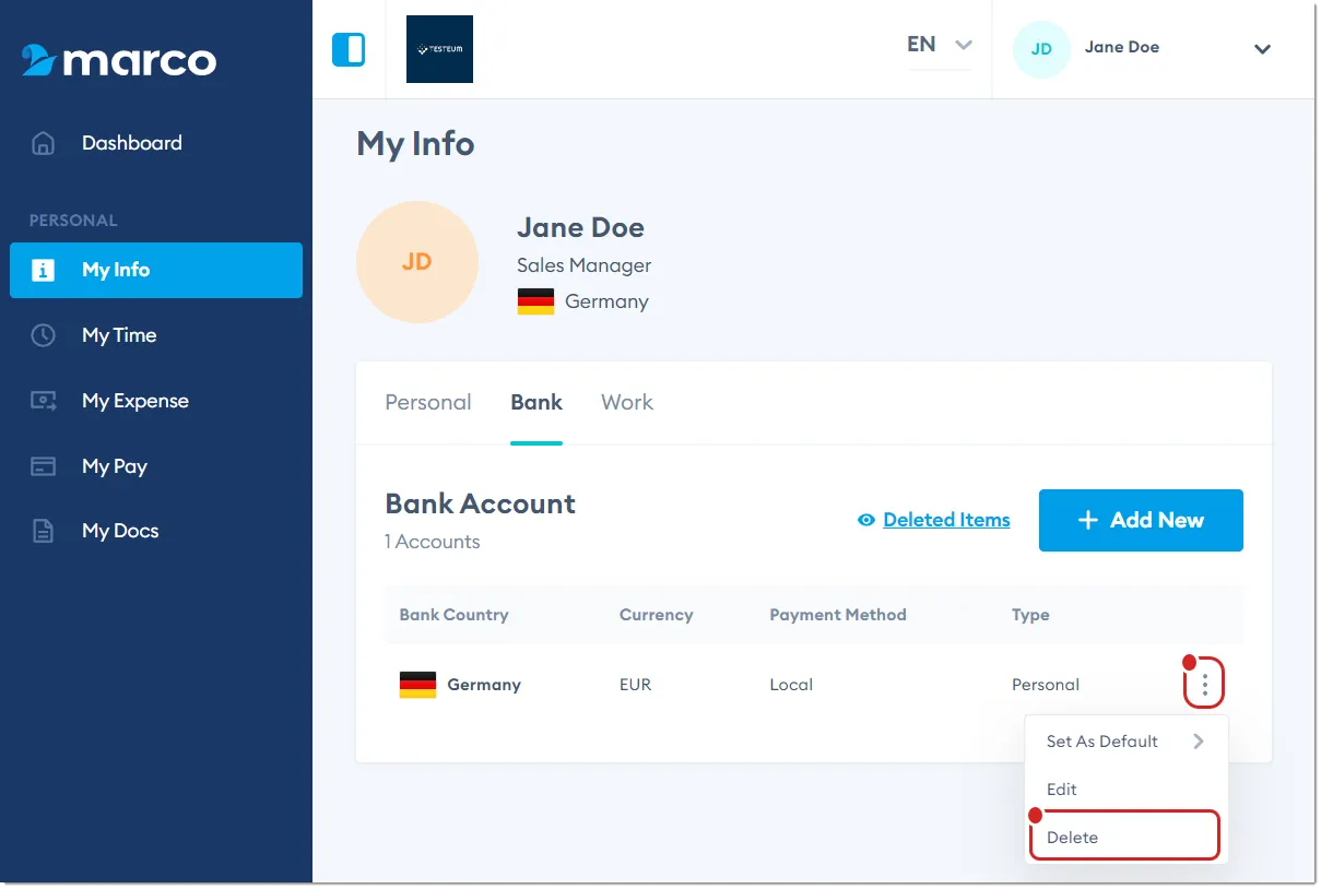 Marco Platform's My Info page Bank tab, with Delete highlighted. Marco Platform's My Info page Bank tab, with Delete highlighted.