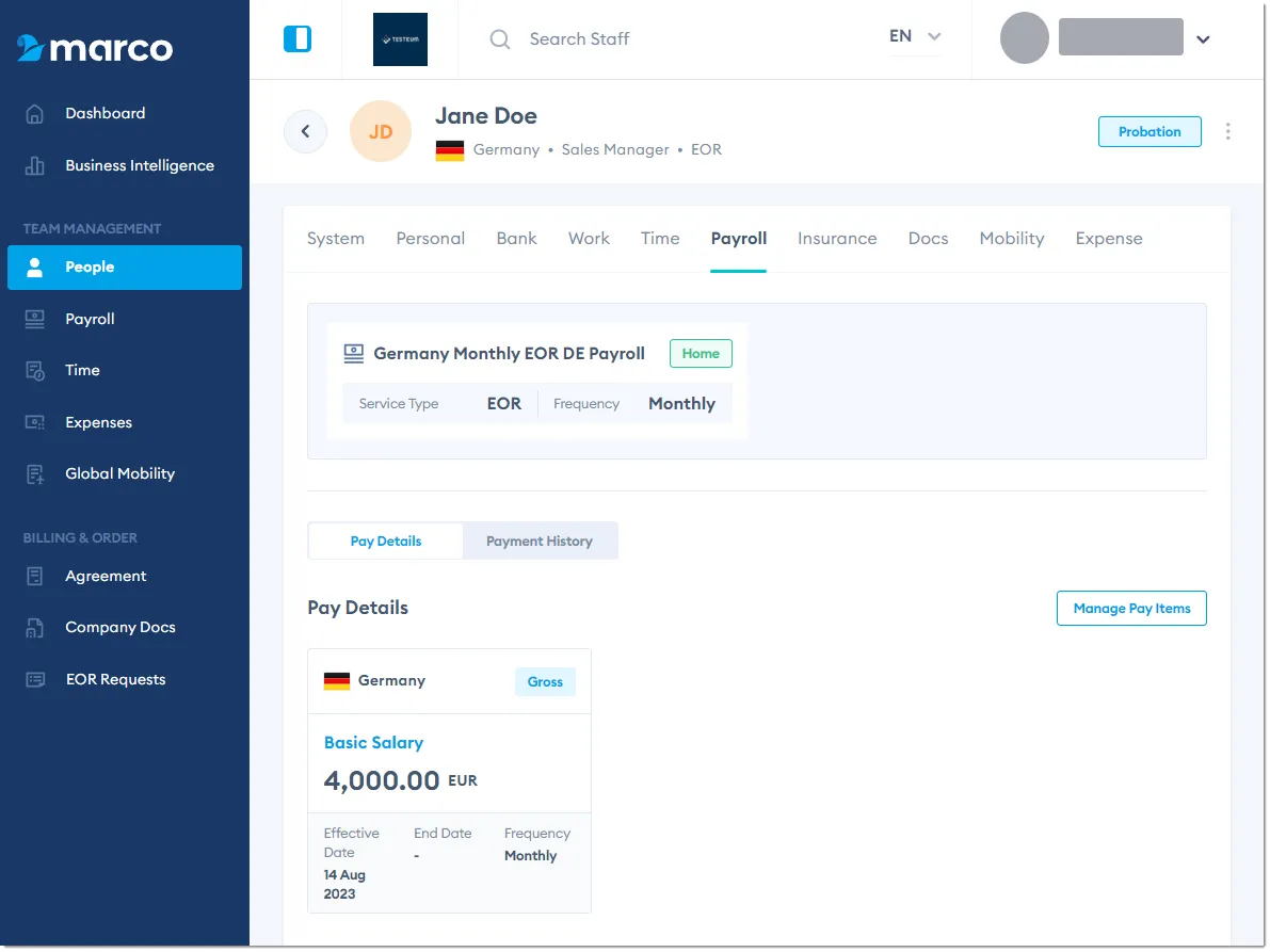 Marco Platform's People page Pay tab Pay Details toggle.
