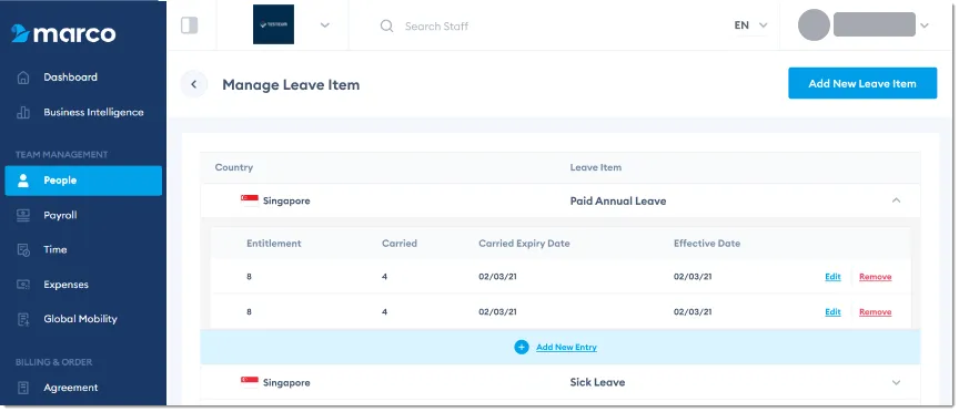 Marco Platform's Manage Leave Item screen, showing a list of the staff's leave items with all the entries under each leave item.