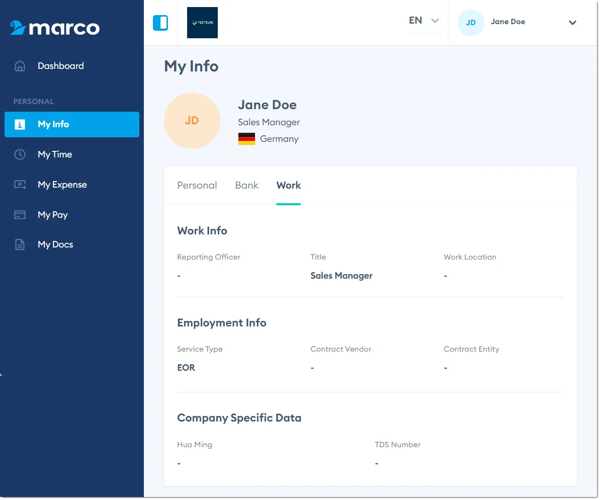 Marco Platform's My Info page Work tab.