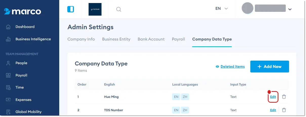 Marco Platform's Admin Settings page Company Data Type tab, with Edit highlighted. Marco Platform's Admin Settings page Company Data Type tab, with Edit highlighted.