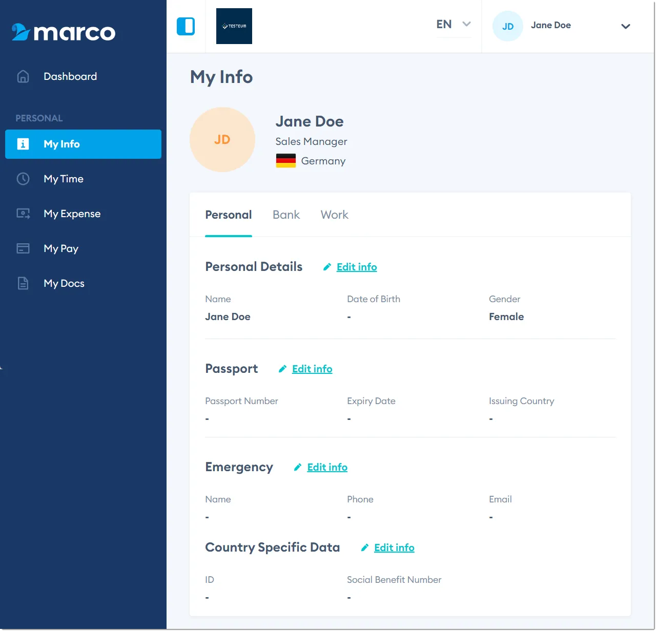 Marco Platform's My Info page Personal tab.