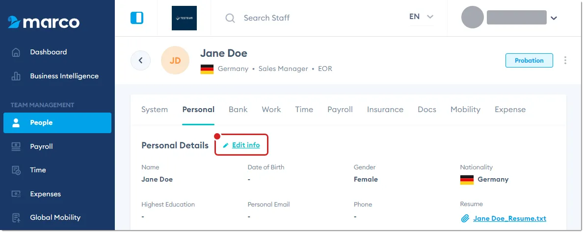 Marco Platform's People page Personal tab, with Edit Info highlighted.