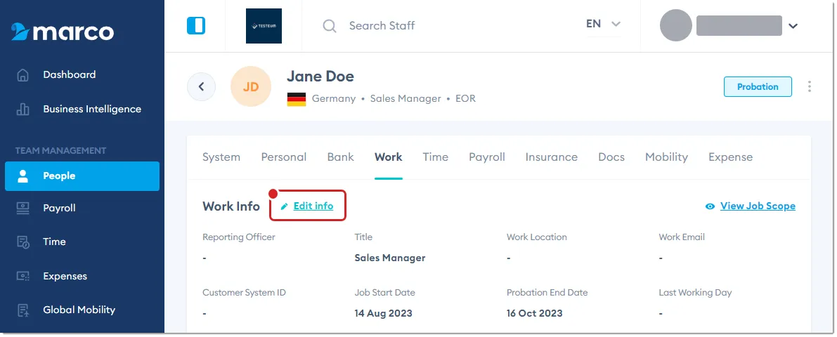 Marco Platform's People page Work tab, with Edit Info highlighted. Marco Platform's People page Work tab, with Edit Info highlighted.