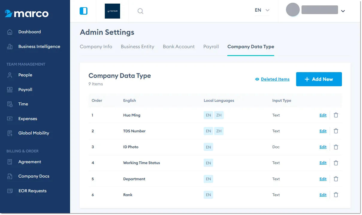 Marco's Platform's Admin Settings page Company Data Type tab. Marco's Platform's Admin Settings page Company Data Type tab.