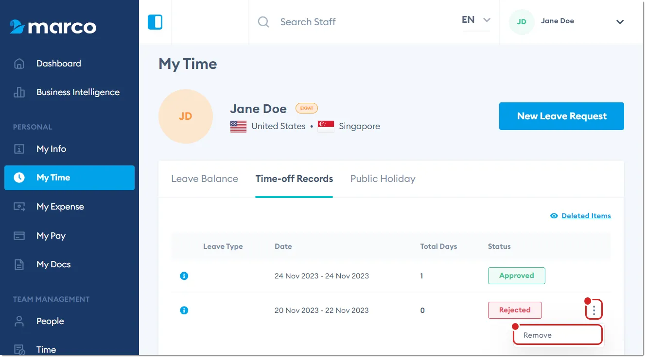 Marco Platform's My Time page Leave History tab, with Remove highlighted. Marco Platform's My Time page Leave History tab, with Remove highlighted.